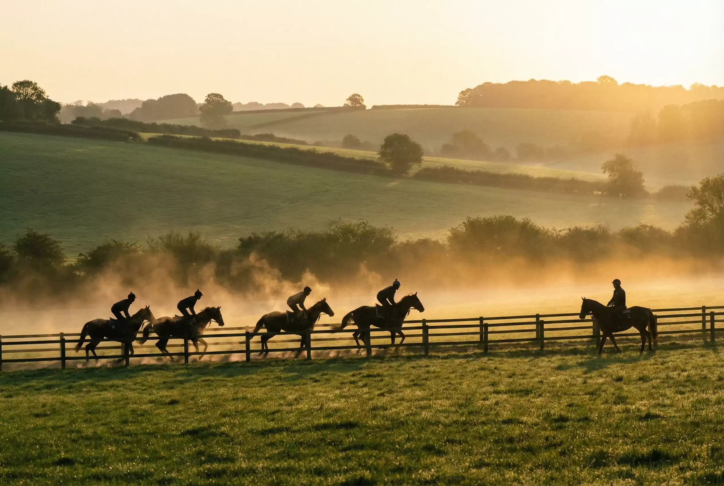 A wide view of the British flat racing scene with horses training on a gallop at dawn in the English countryside
