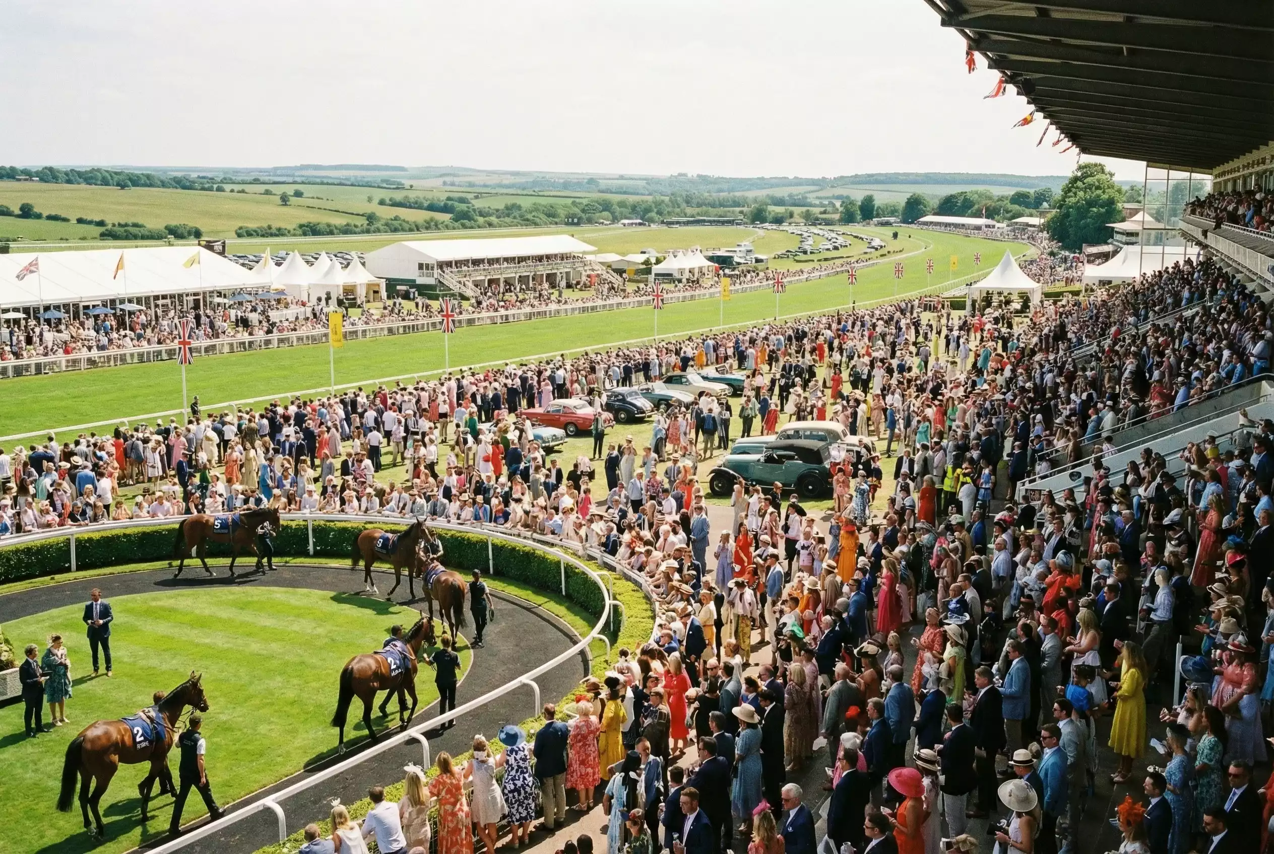 Panoramic view of the Goodwood racecourse grandstand filled with spectators during the Glorious Goodwood festival