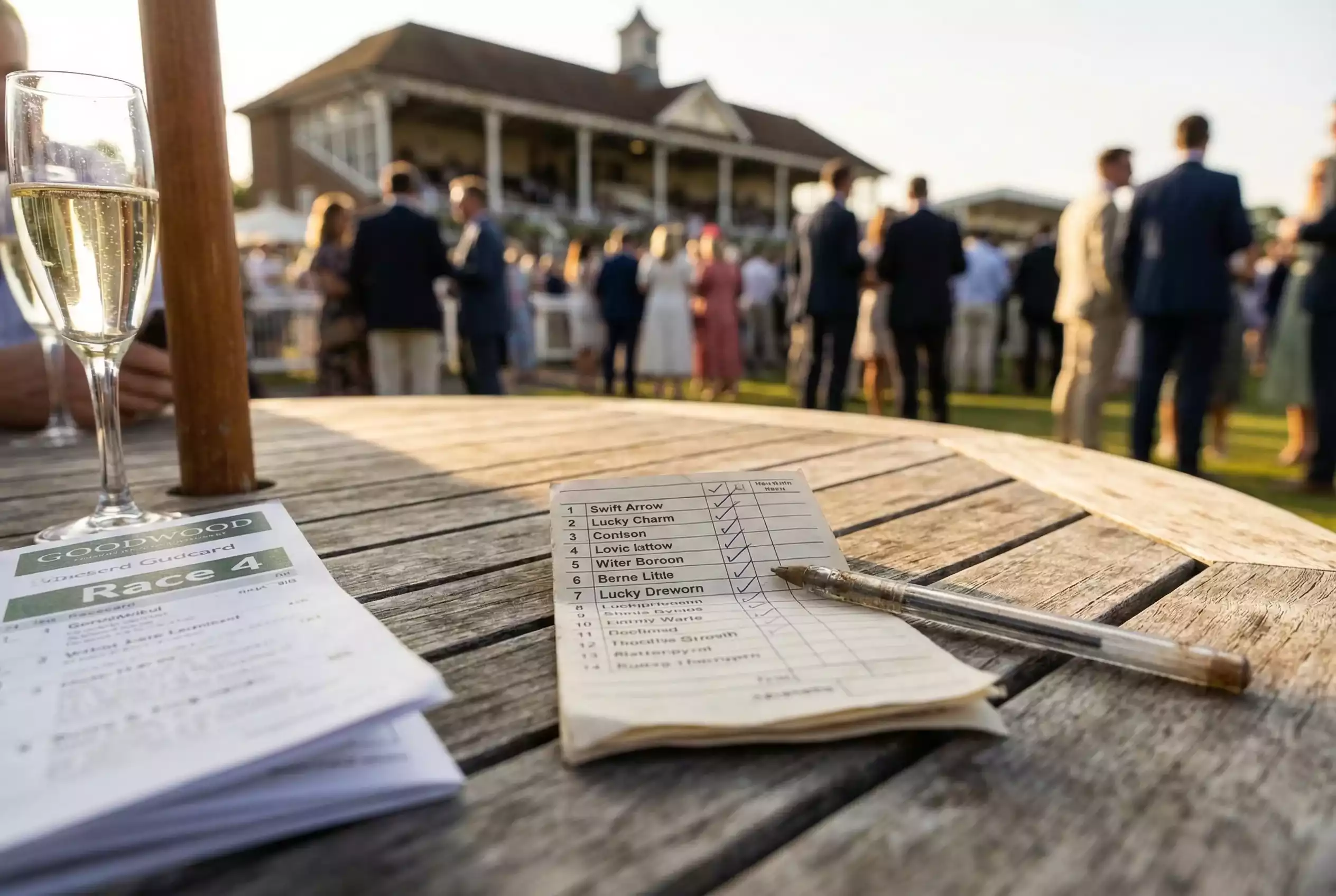 A betting slip with multiple selections and a pen on a raceday table at Goodwood