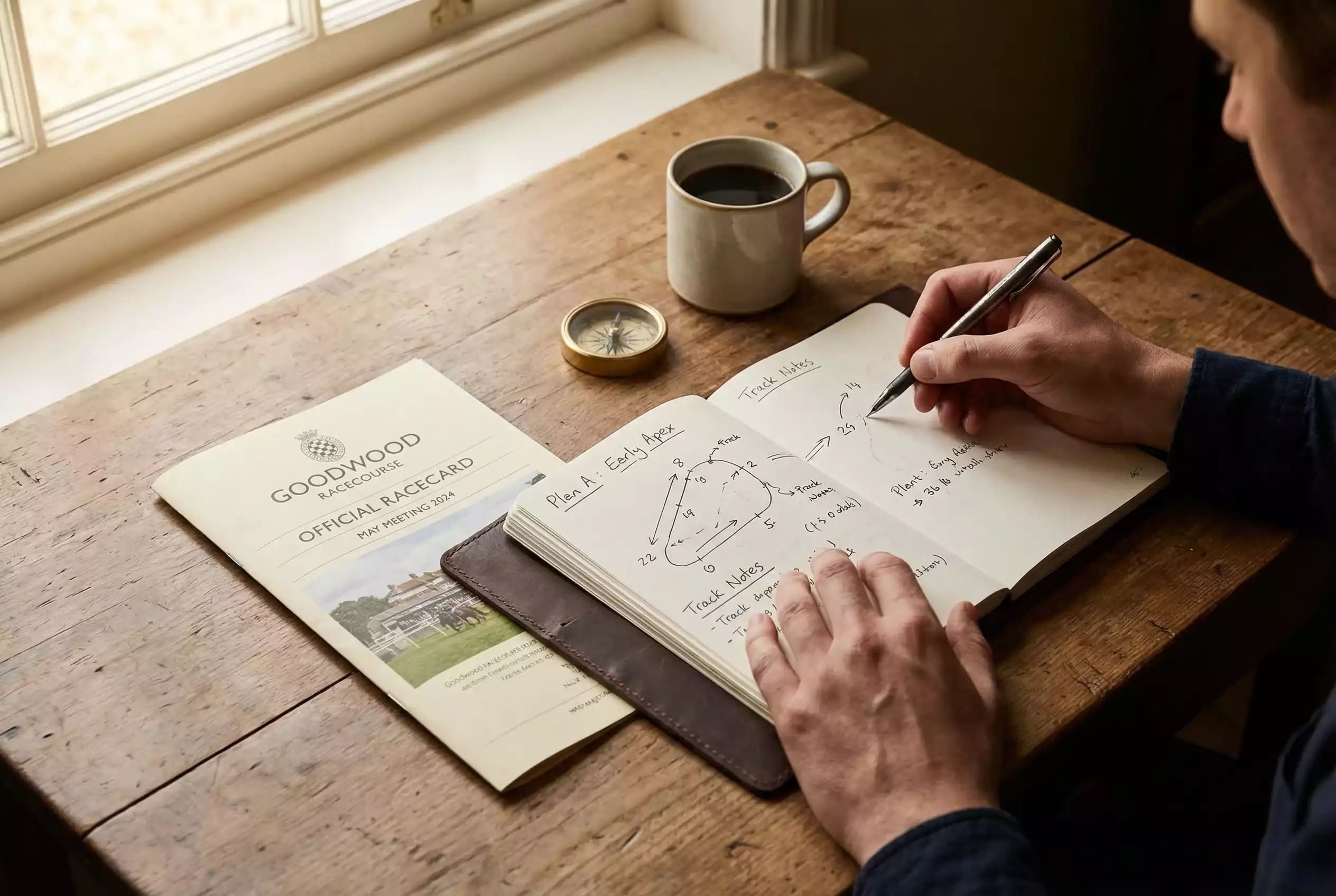 A person writing a daily budget plan in a notebook beside a Goodwood racecard on a sunlit table