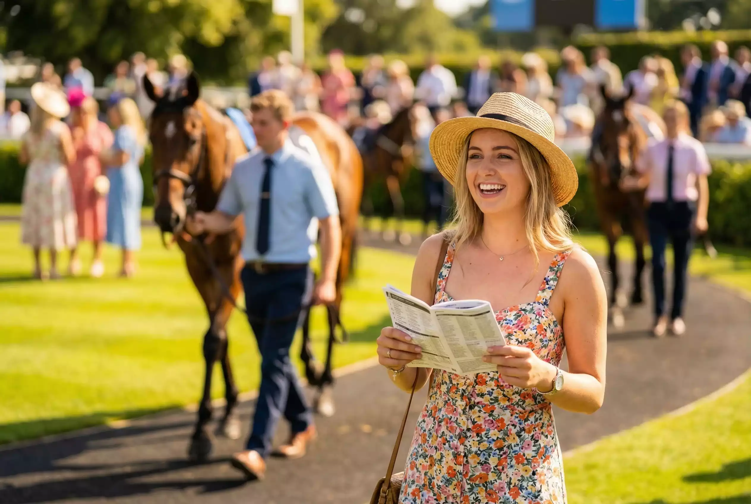 A first-time racegoer smiling while looking at a racecard at Goodwood with the parade ring in the background