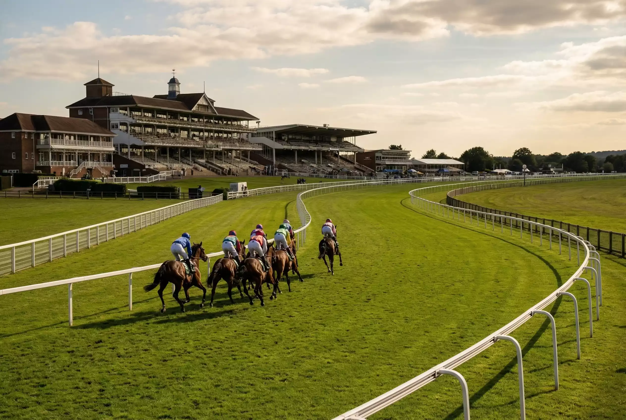 A group of stayer racehorses rounding the bend on the long-distance course at Goodwood during the Goodwood Cup