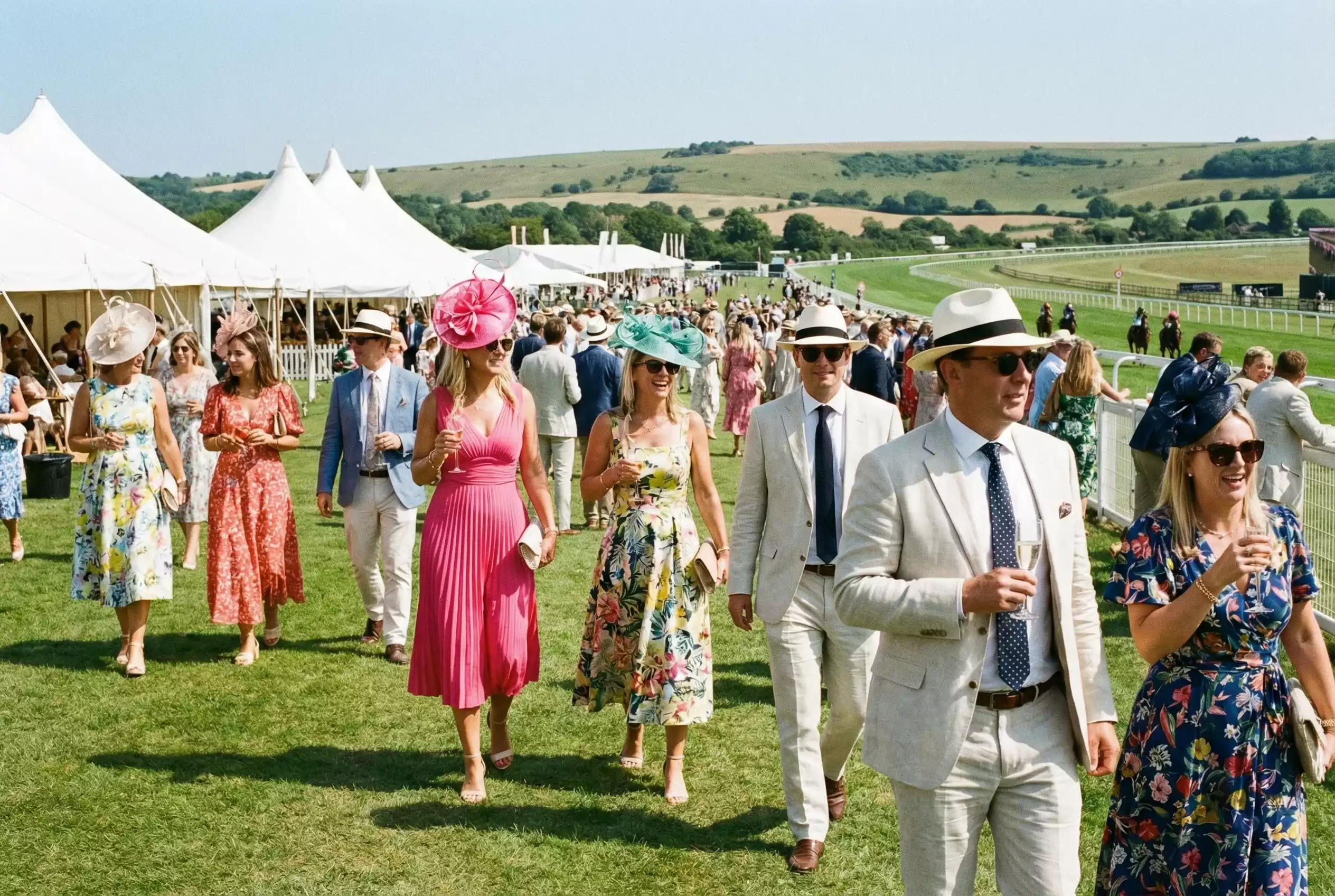 Smartly dressed racegoers walking through the Goodwood enclosure on a sunny festival day