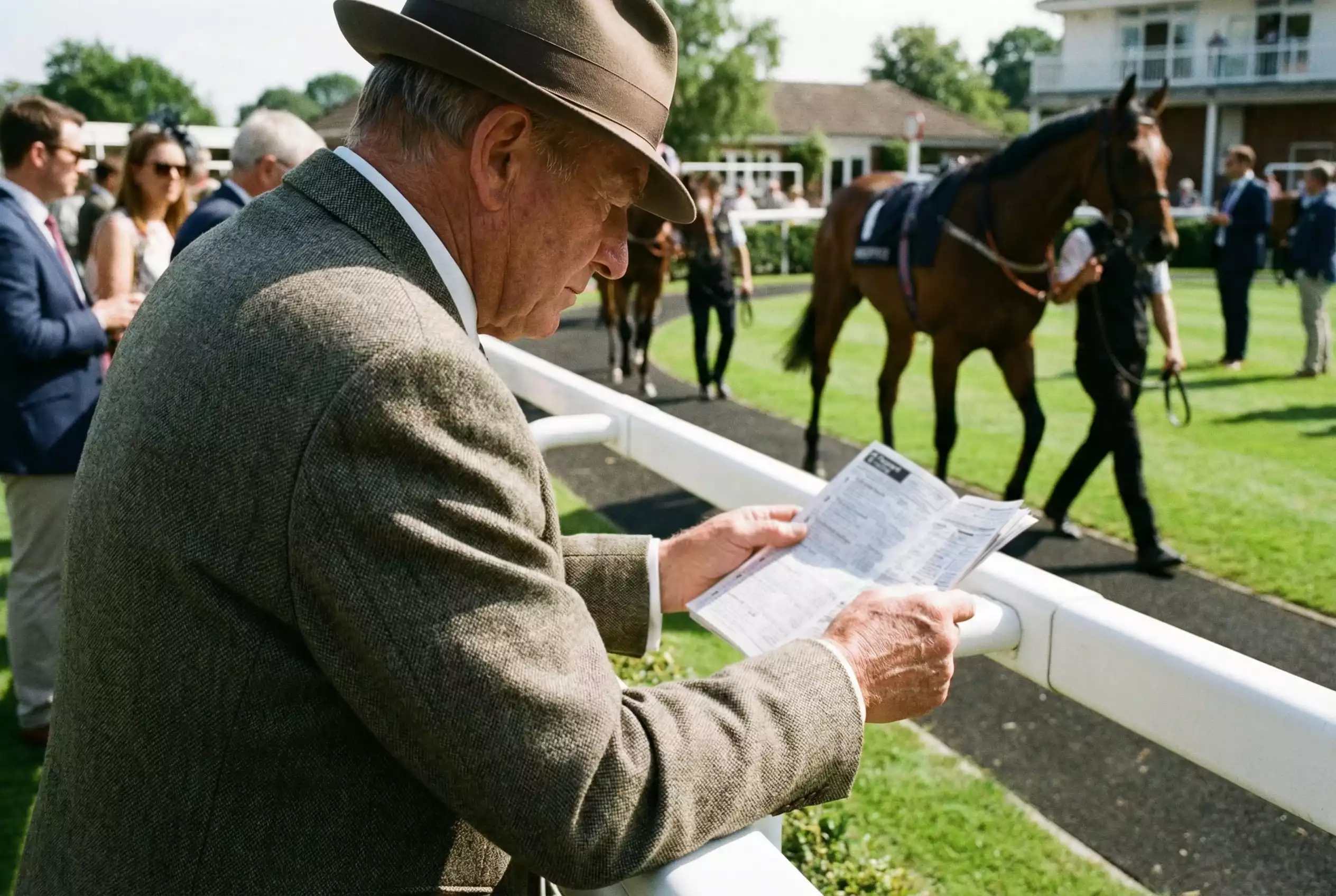A punter studying the racecard at Goodwood with horses parading in the background before a large-field handicap