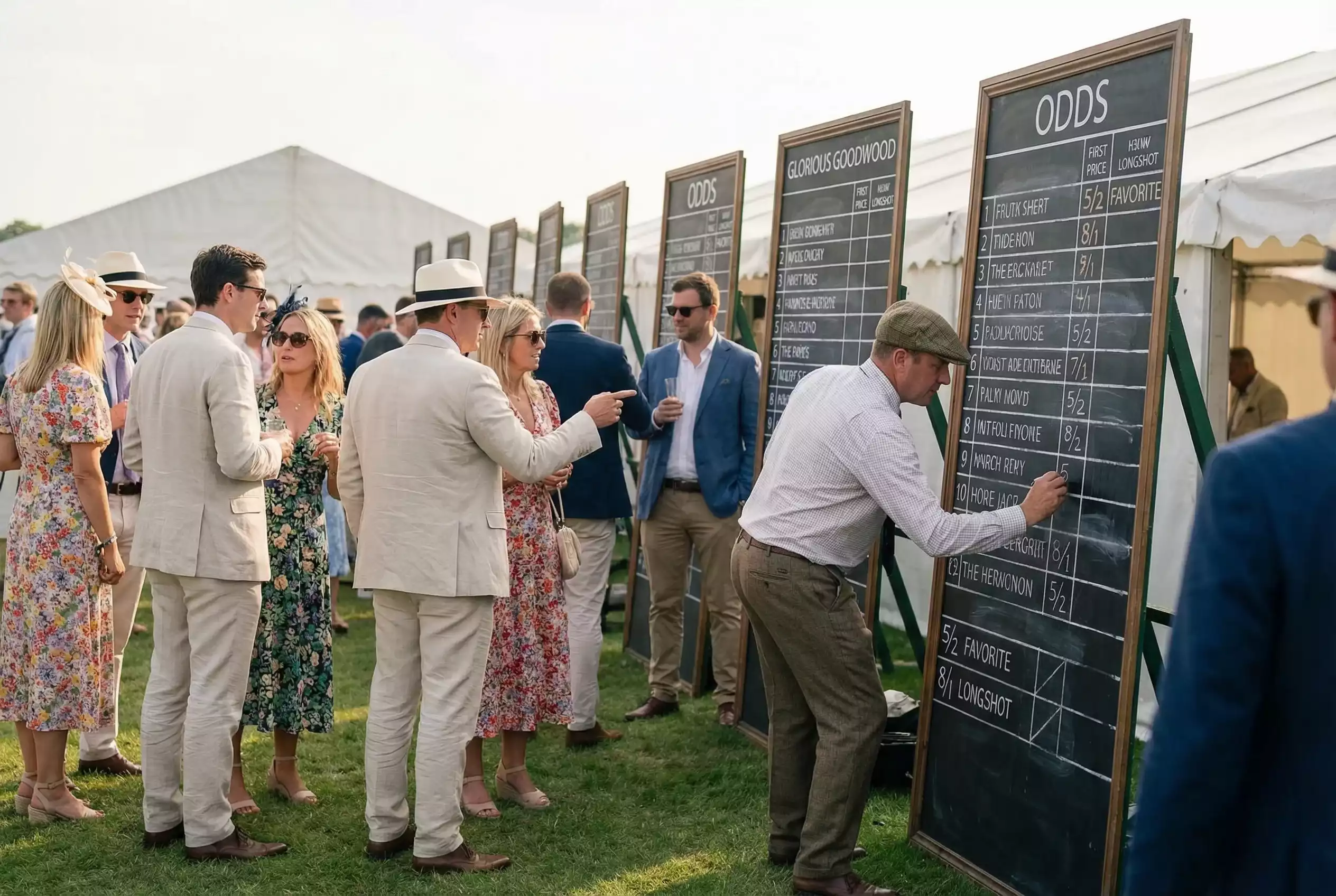 Racegoers studying the odds boards in the Goodwood betting ring before a race