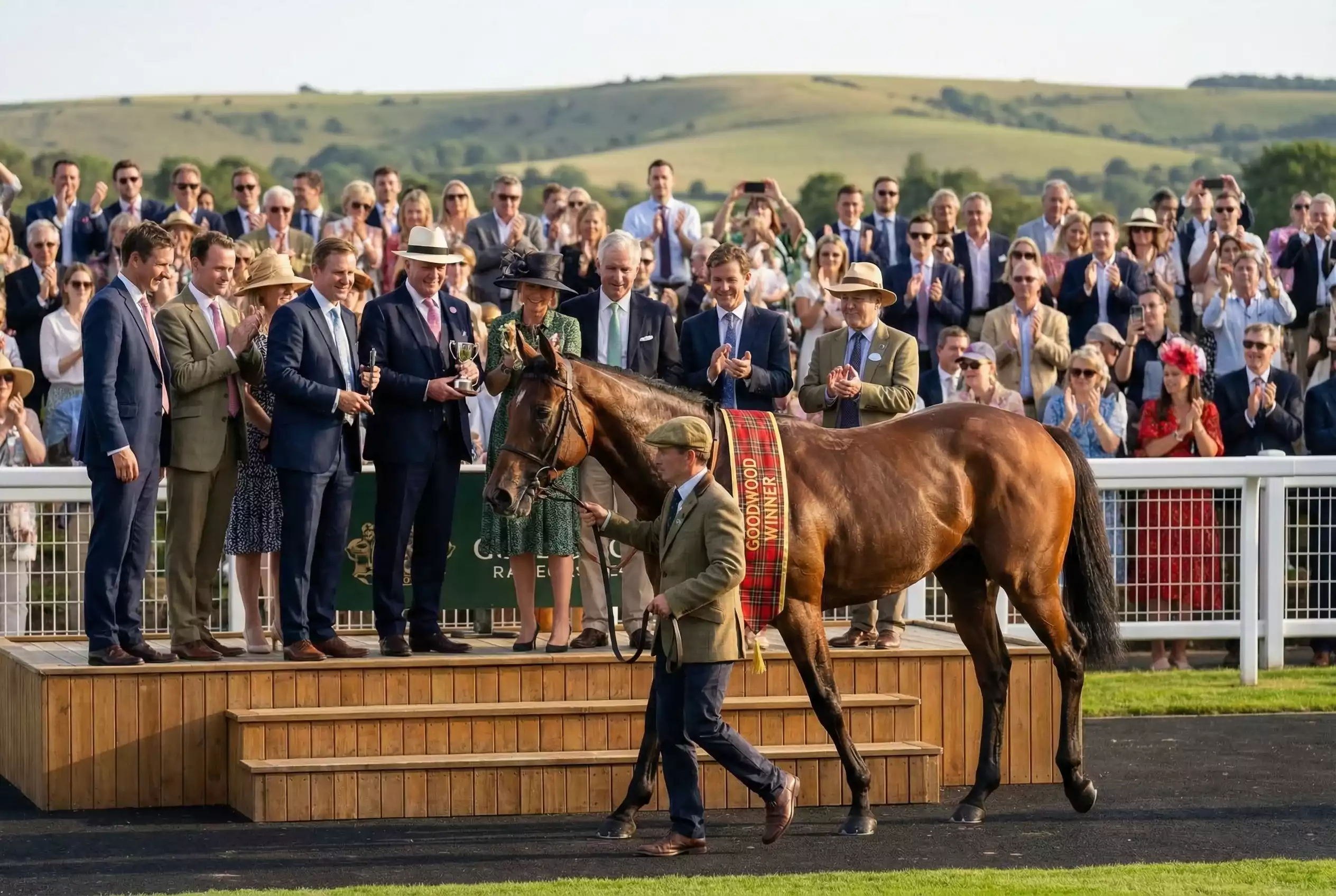 A champion racehorse being led through the winner