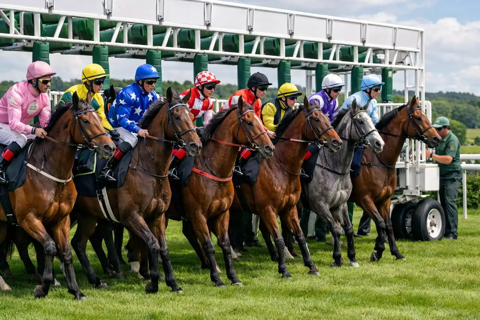 Horses carrying different weight cloths lining up at the start of a handicap race at Goodwood