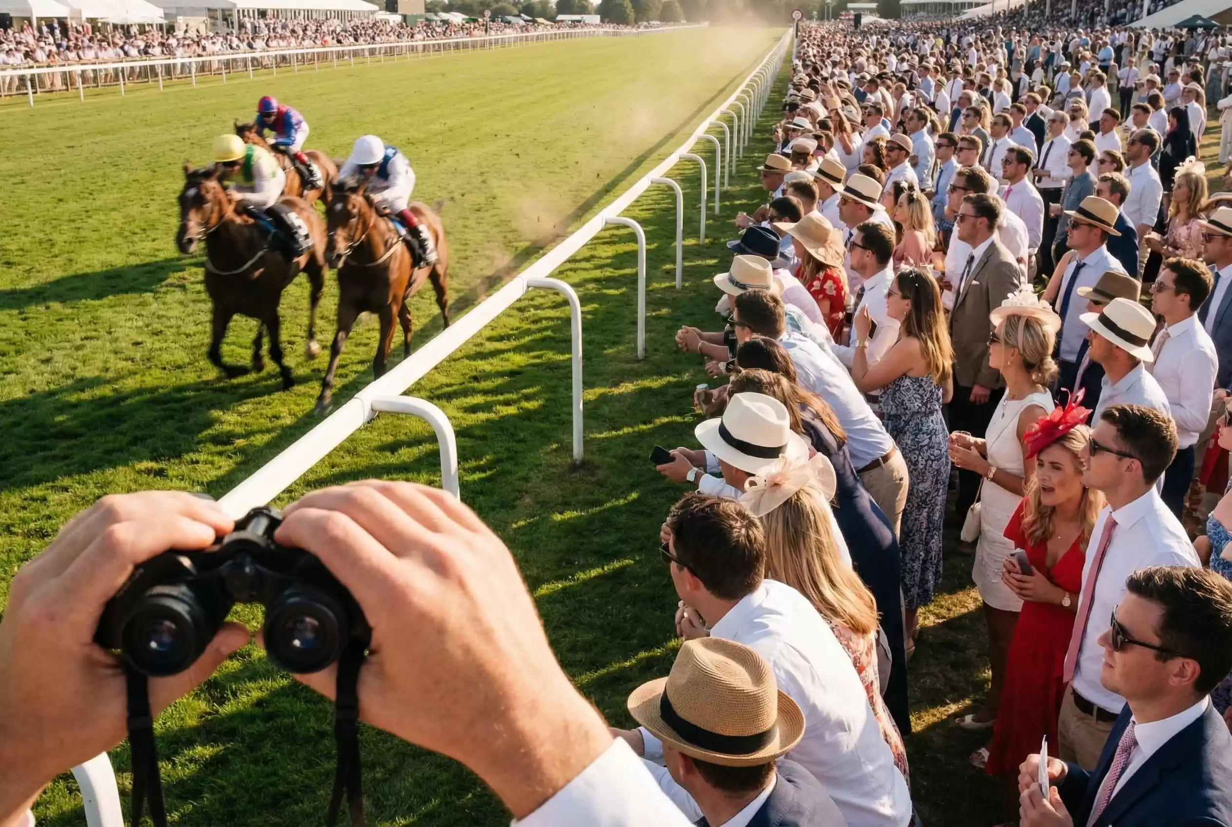 An intense moment during a Goodwood race with horses approaching the finish as a spectator watches closely
