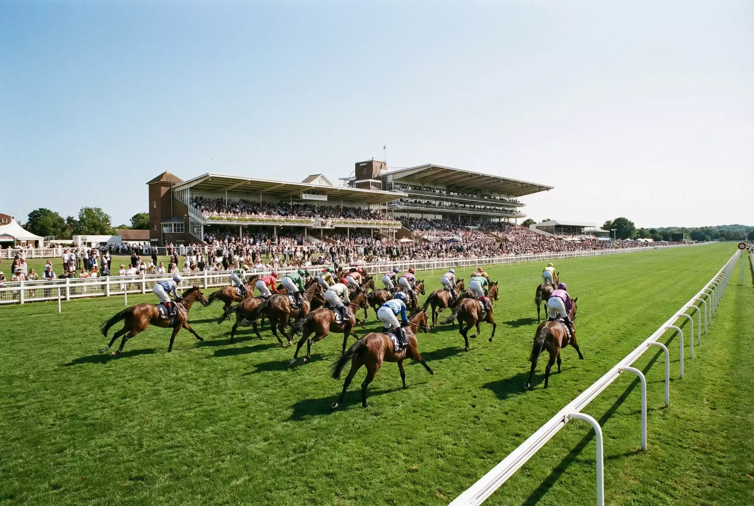 Racehorses spread across the width of the straight mile course at Goodwood approaching the finish