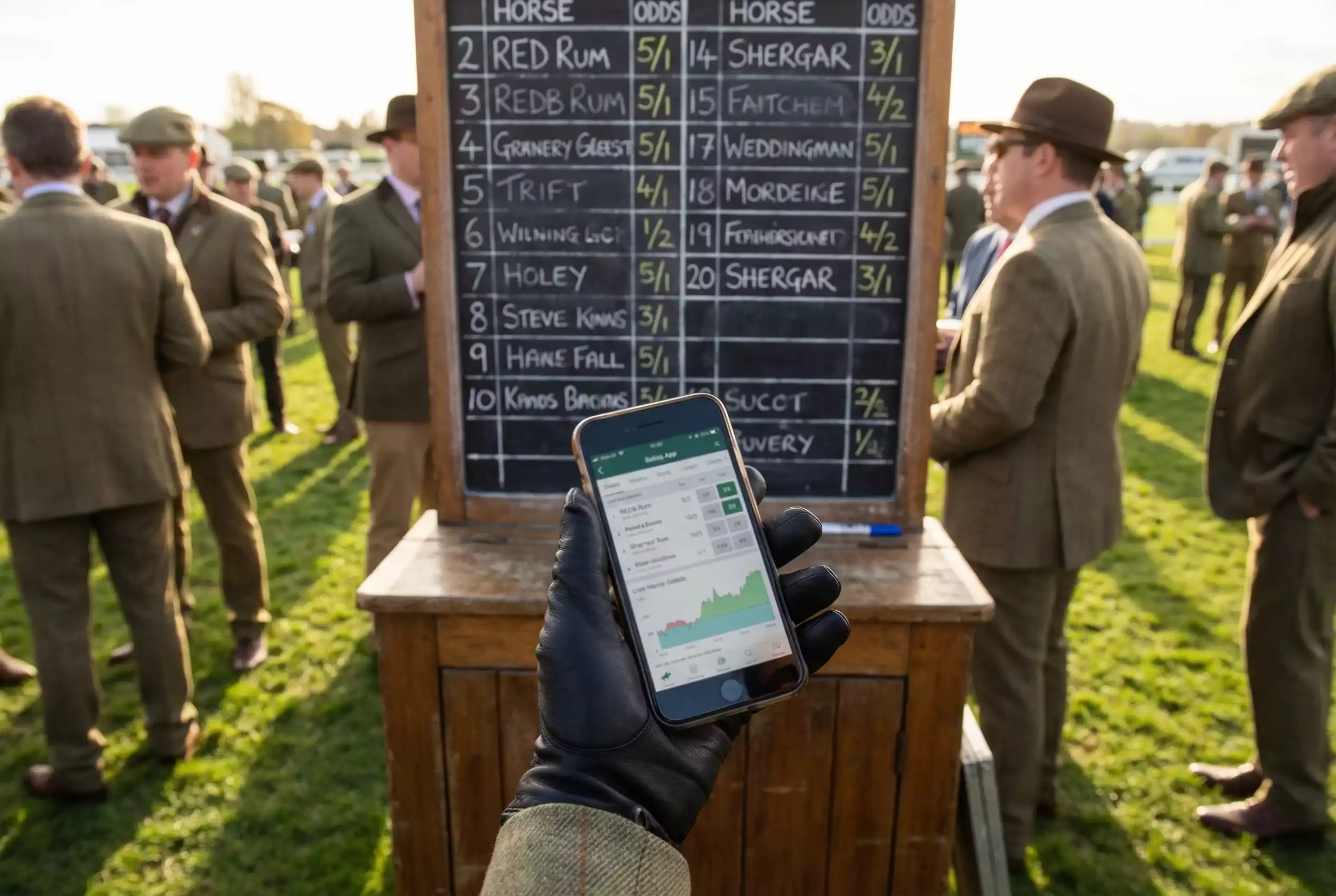 A smartphone showing horse racing odds next to a traditional bookmaker board at Goodwood racecourse