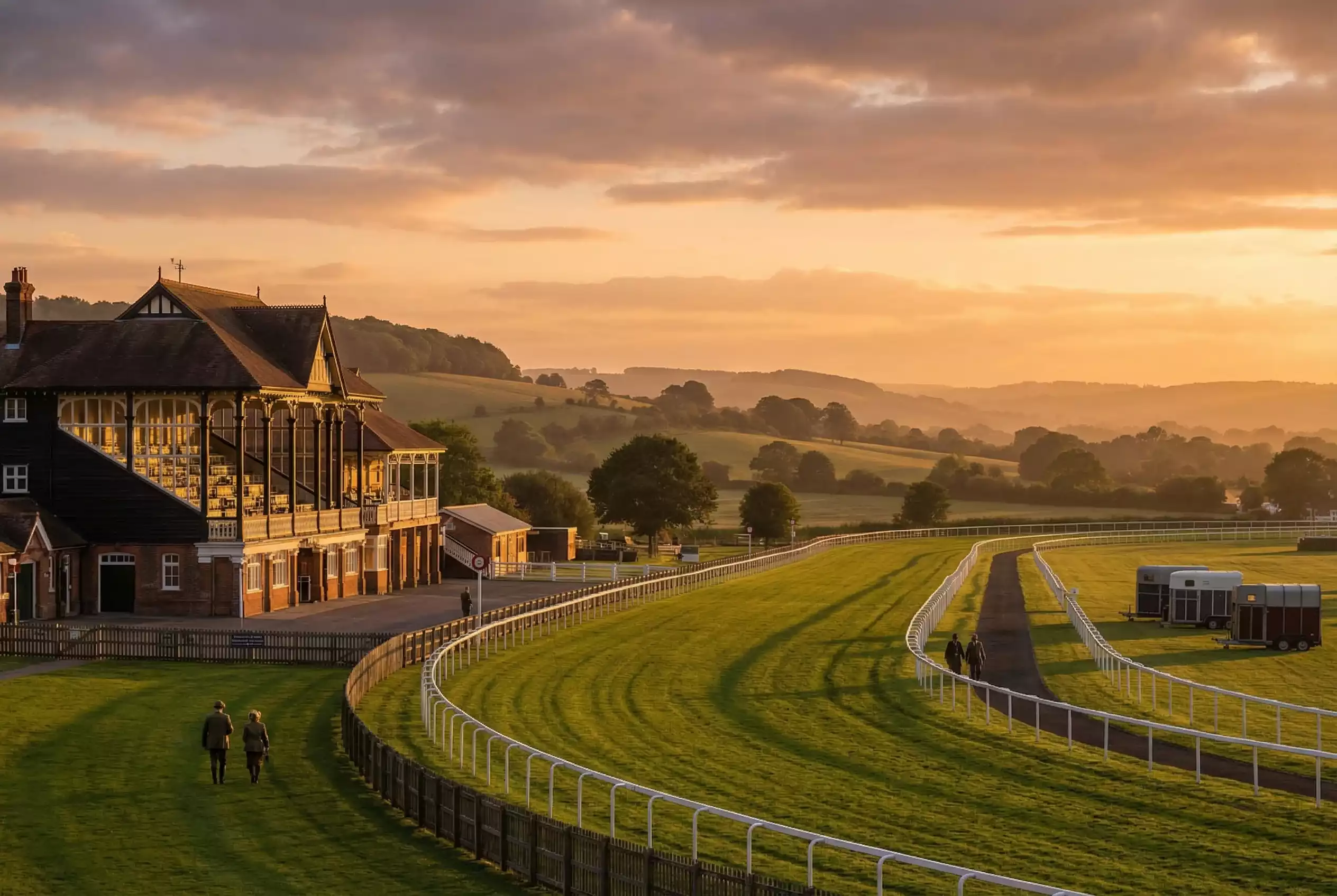 The historic Goodwood grandstand framed by the rolling Sussex Downs on a golden summer evening