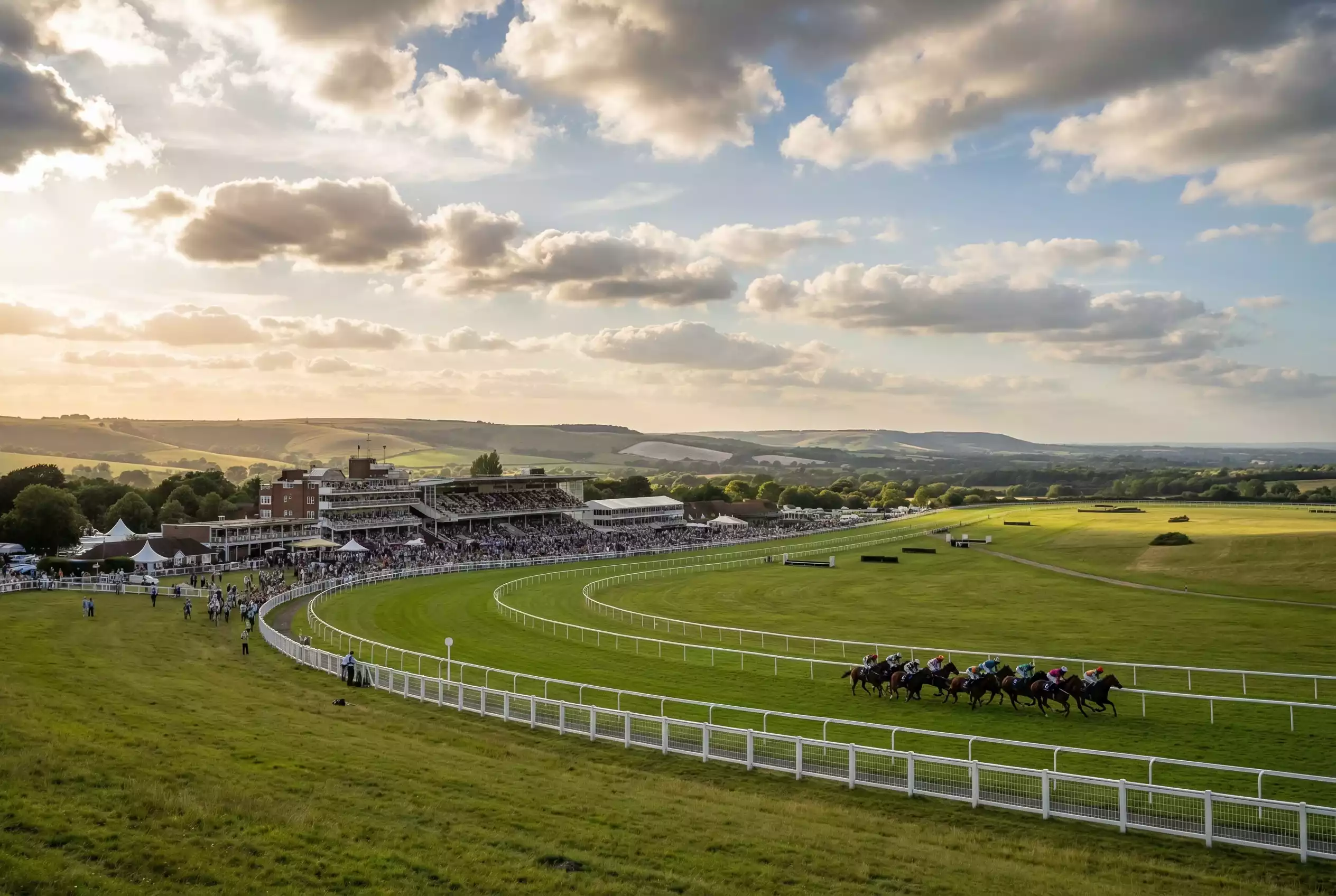 Panoramic view of Goodwood Racecourse set against the rolling Sussex Downs on a summer racing day