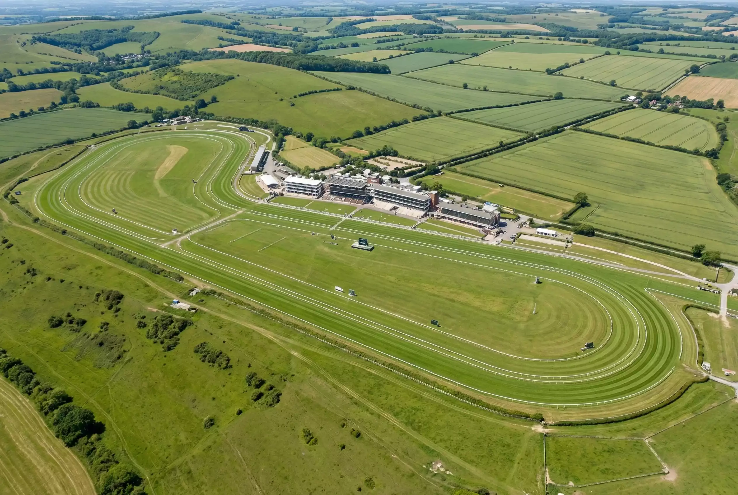 Aerial view of Goodwood racecourse showing the distinctive undulating track nestled in the Sussex Downs