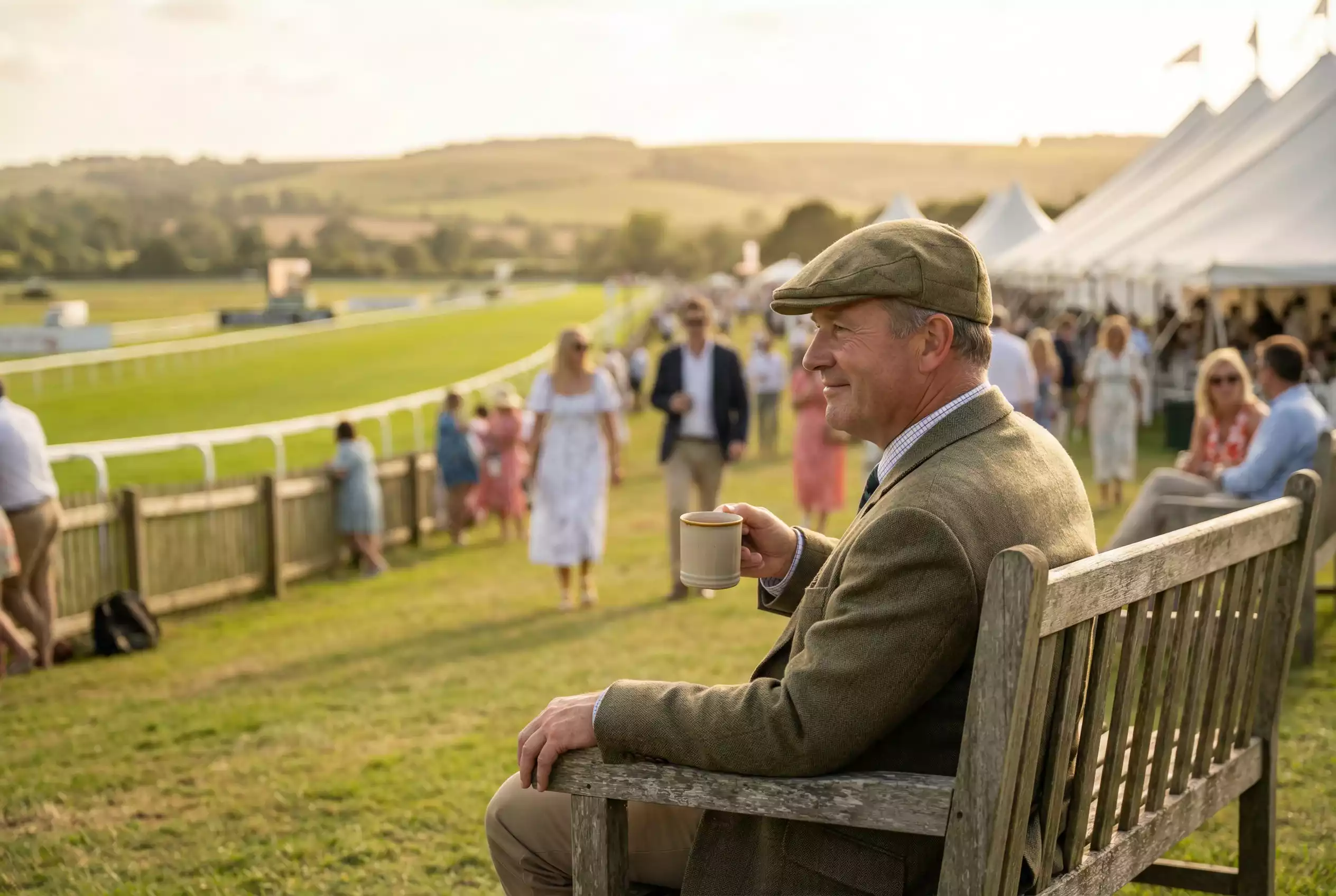 A racegoer calmly enjoying the Goodwood atmosphere from a bench overlooking the course with a cup of tea
