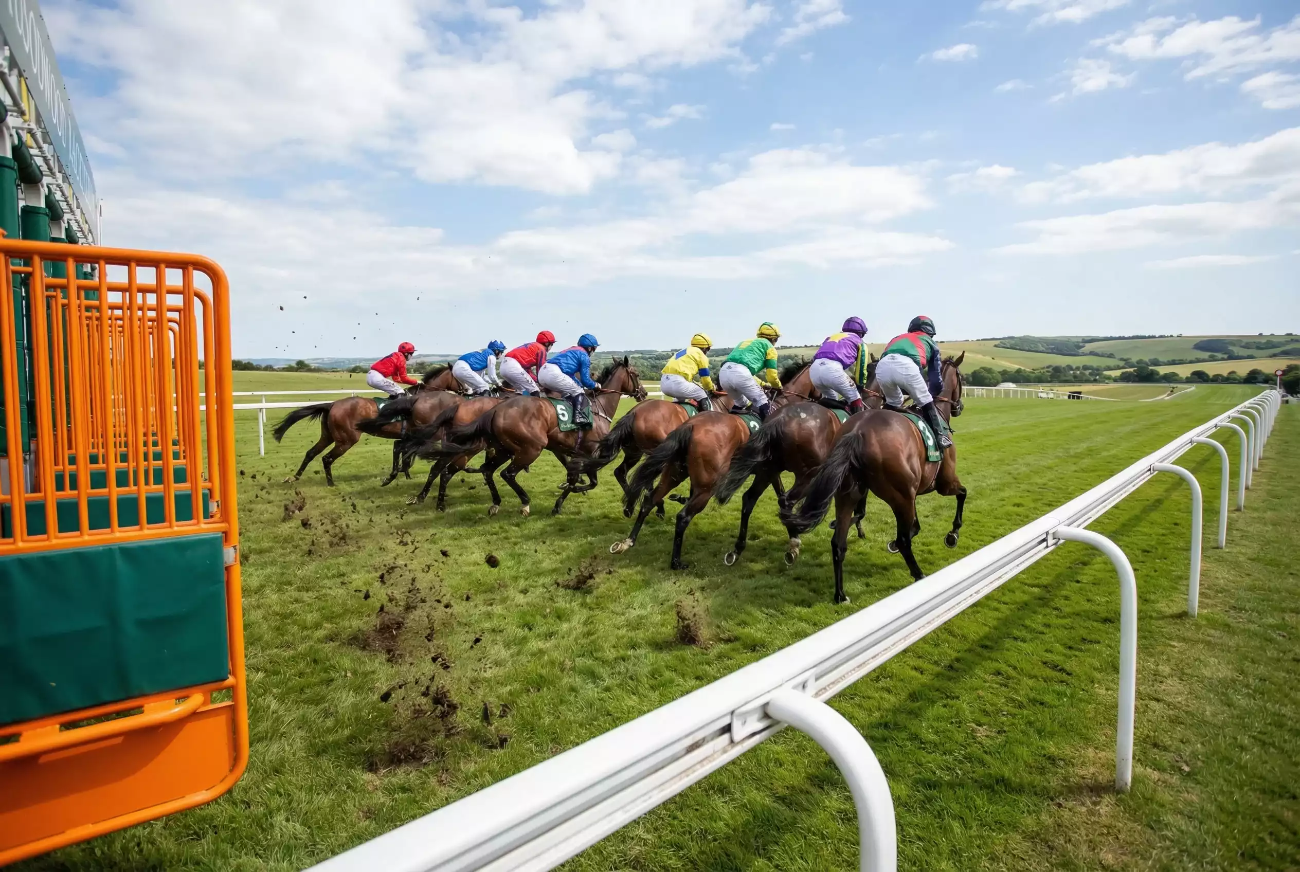 Horses breaking from the starting stalls at Goodwood during a five-furlong sprint race