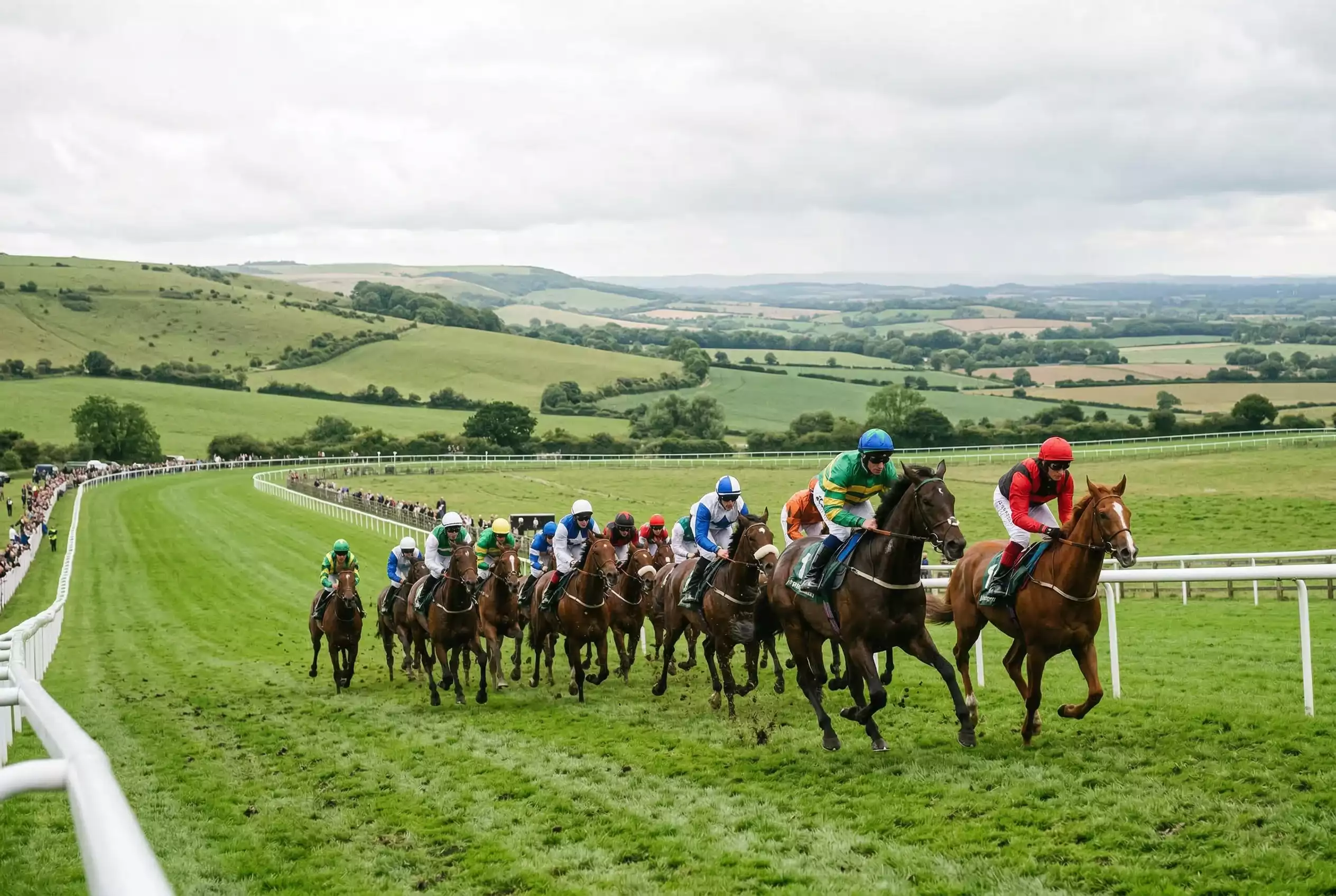 Stayer racehorses climbing the hill on the long-distance course at Goodwood with the Downs landscape behind