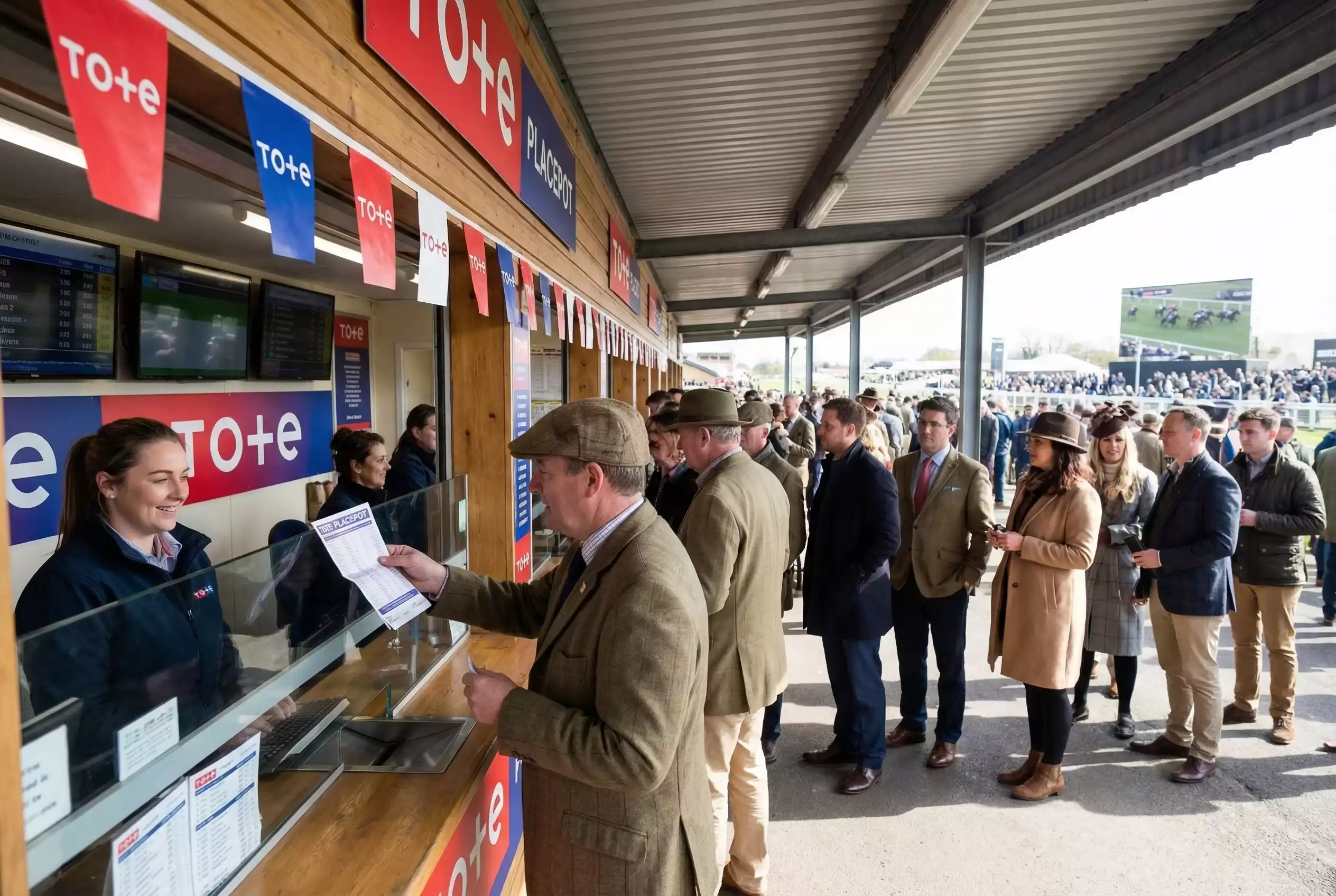 A Tote betting window at a British racecourse with a punter handing over a Placepot slip