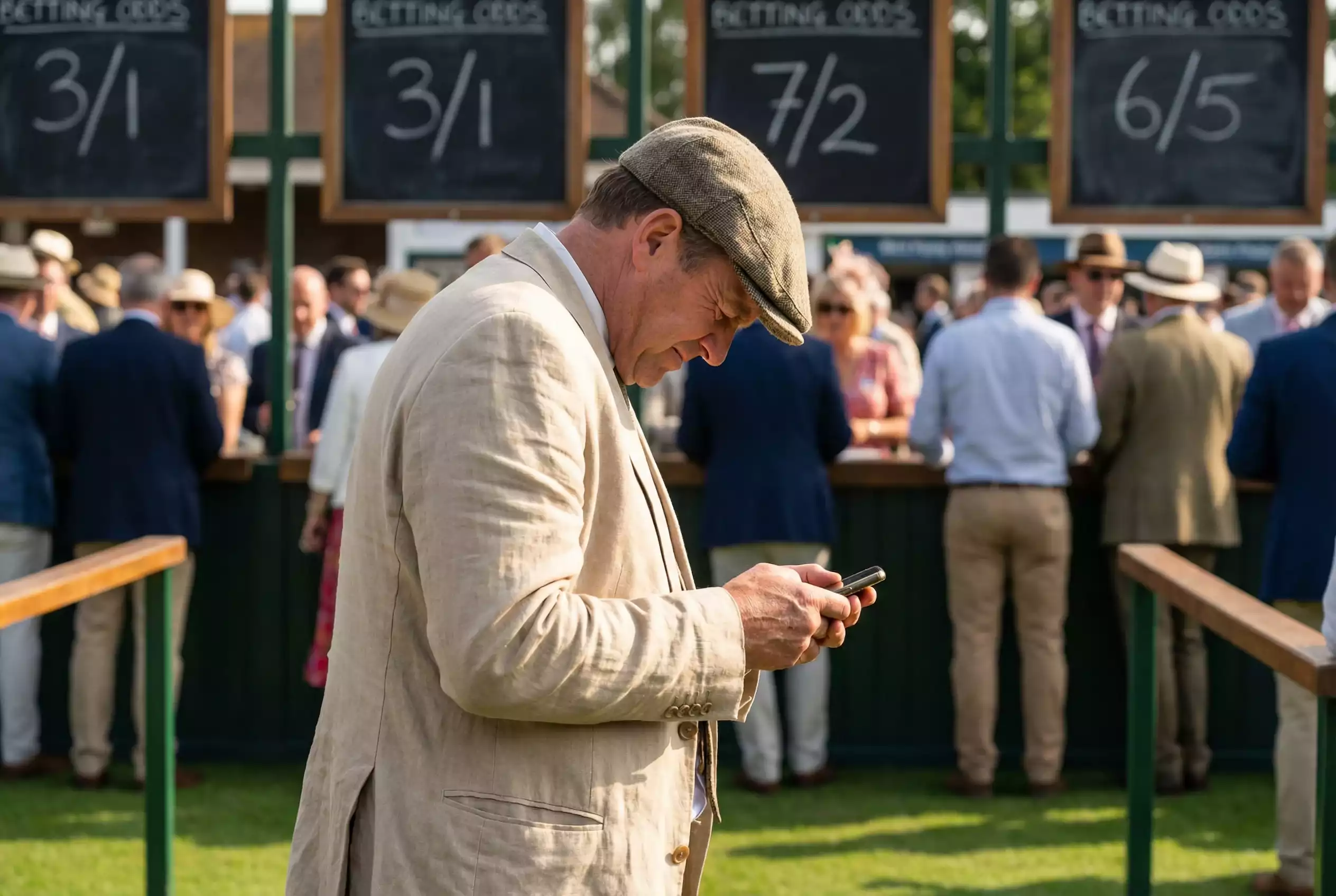 A punter concentrating while checking odds on a phone at the Goodwood betting ring with bookmaker boards behind