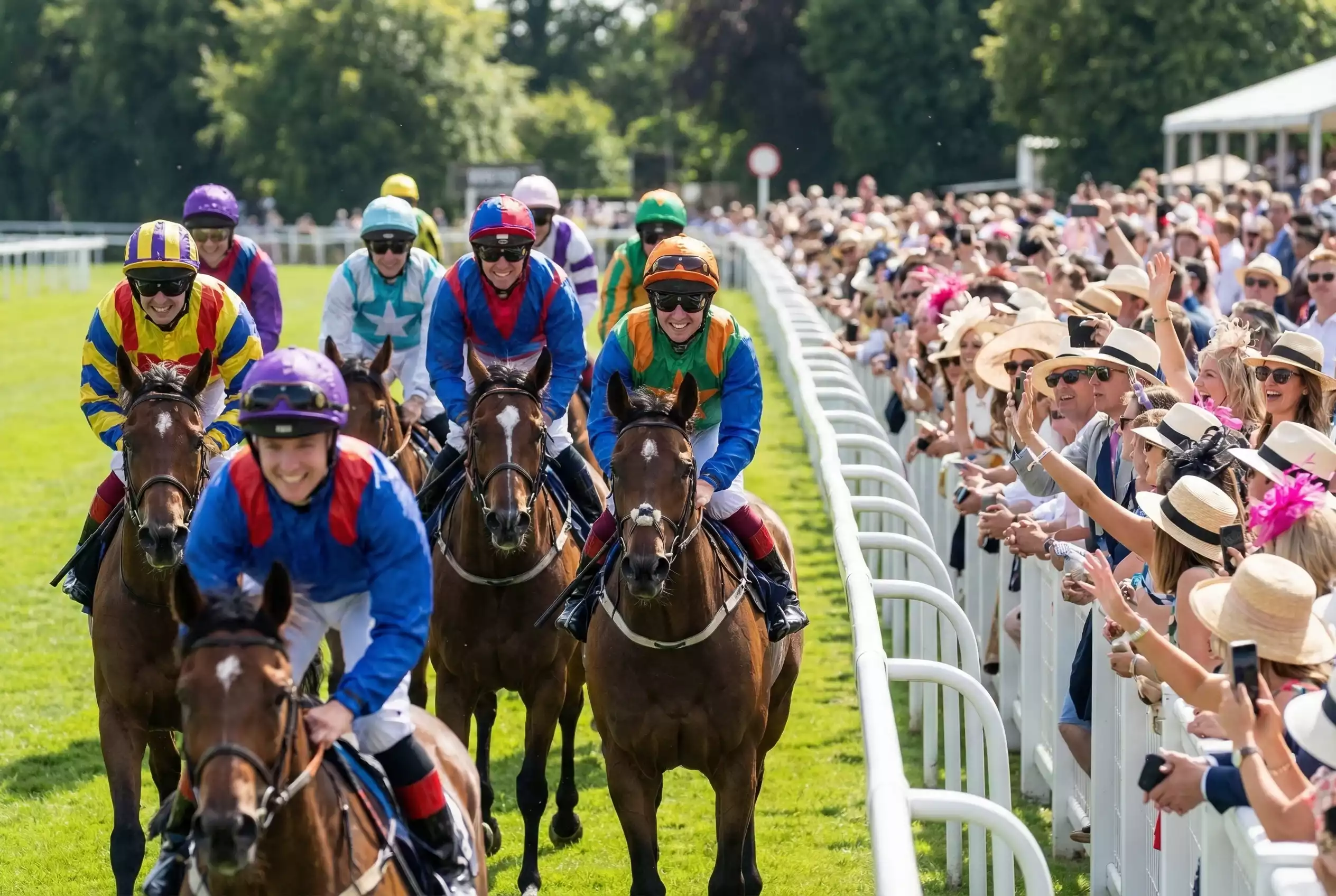 Amateur riders in colourful silks galloping in the Magnolia Cup charity race at Goodwood with cheering spectators