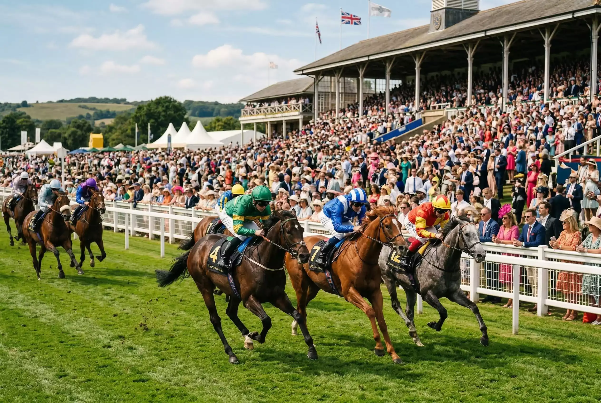 Fillies racing past the Goodwood grandstand in the Nassau Stakes with spectators watching from the enclosure