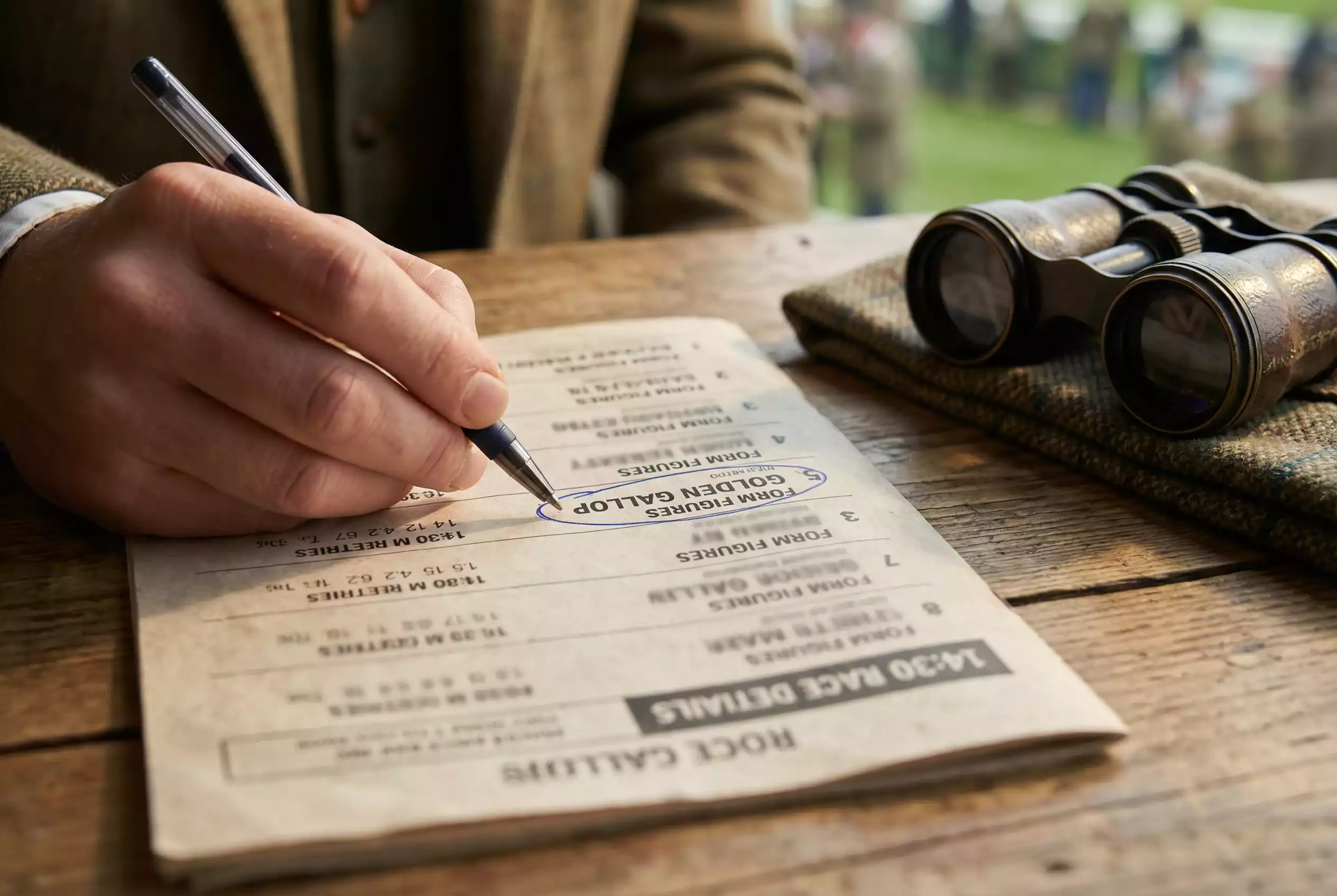 Close-up of a printed Goodwood racecard showing form figures and race details with a pen marking selections